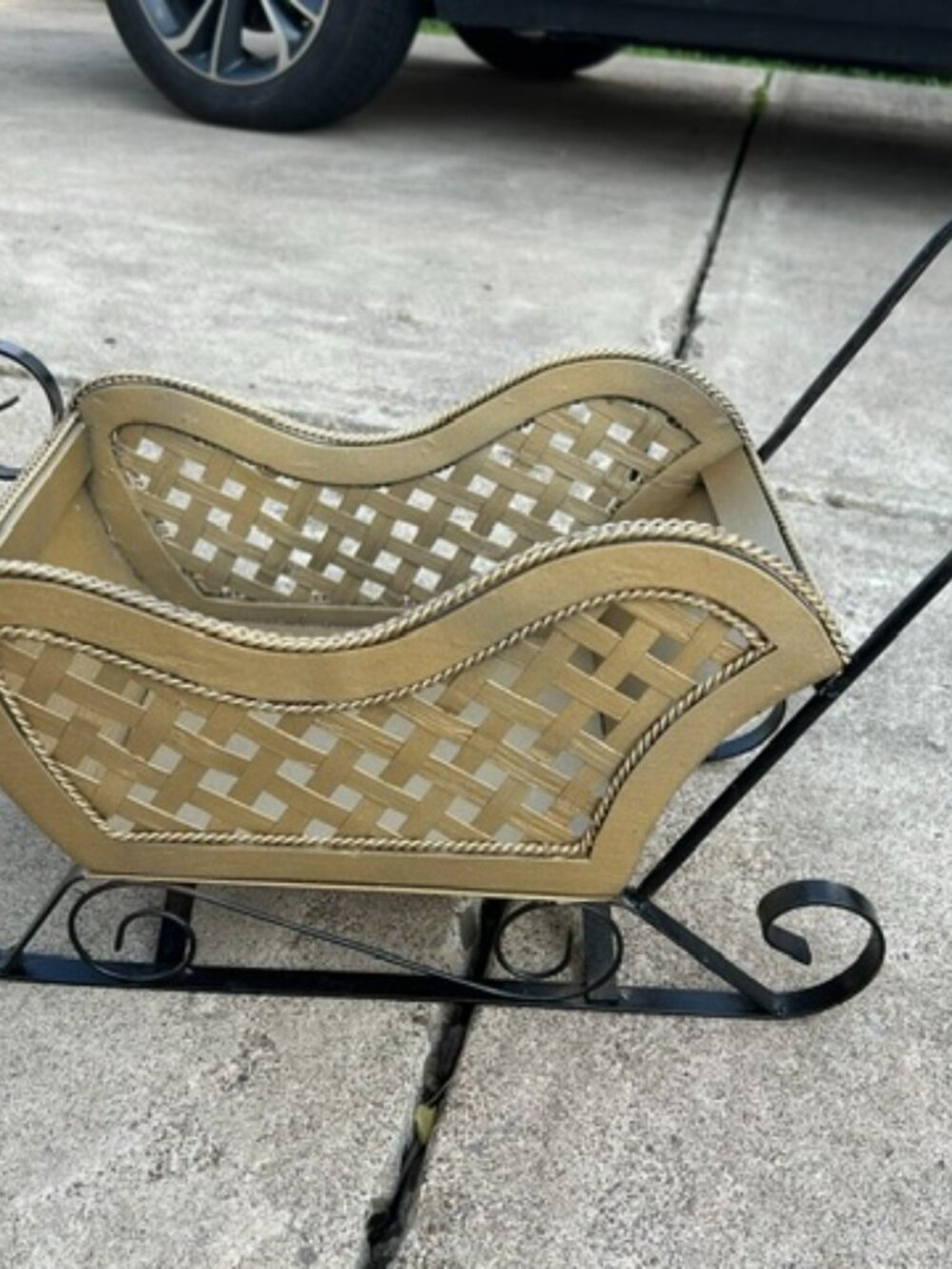 Woven Sleigh Basket with Black Metal Scroll Handles -   newly painted    metal